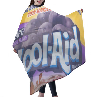 Personality  Huettenberg GERMANY - FEBRUARY  19 2020: Close Up Photo Of A Can Of Koo Aid Drink Mix. Grape Flavor. Hair Cutting Cape