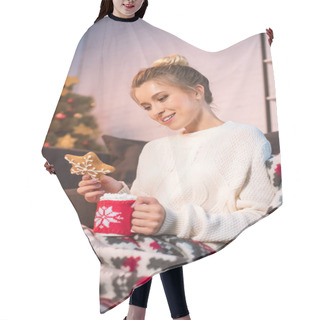 Personality  Woman In Blanked Holding Christmas Gingerbread Cookie And Cup With Hot Cocoa Hair Cutting Cape