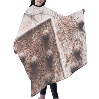 Personality  Top View Of Plate With Truffles Covering By Grated Chocolate On Marble Table  Hair Cutting Cape