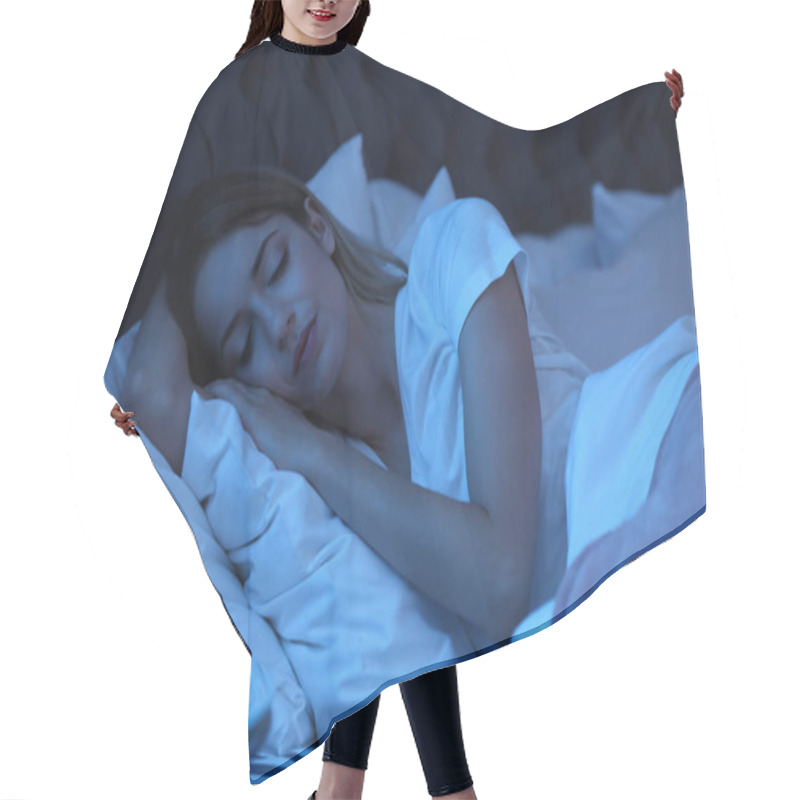 Personality  Young Woman Sleeping In Bed At Night. Sleeping Time Hair Cutting Cape
