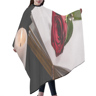 Personality  Red Rose On Holy Bible Near Candle On Black Background, Funeral Concept, Banner Hair Cutting Cape
