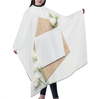 Personality  Top View Of Eustoma And Envelope With Empty Card On Grey Background  Hair Cutting Cape