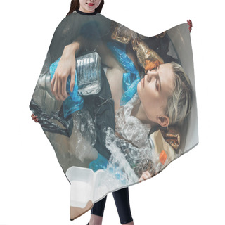 Personality  Top View Of Young Sad Woman Lying In Bathtub With Trash, Environmental Pollution Concept Hair Cutting Cape
