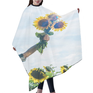 Personality  Cropped View Of Farmer Holding Sunflowers Against Sky  Hair Cutting Cape