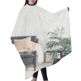 Personality  Comfy Couch In White Living Room Interior With Brick Wall, Mockup Concept Hair Cutting Cape