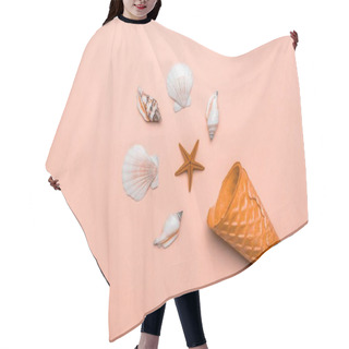 Personality  Summer Background Beach With Shells And Starfish In Shape Frame Isolated On Trendy Orange Pastel Color Backdrop. Top View Travel Or Vacation Concept Hair Cutting Cape