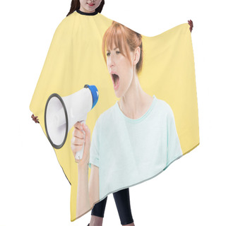 Personality  Angry Redhead Young Woman Holding Megaphone And Screaming Isolated On Yellow Hair Cutting Cape