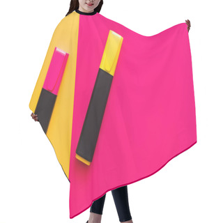 Personality  Top View Of Colorful Marker Pens On Pink And Yellow Background  Hair Cutting Cape