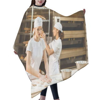 Personality  Young Attractive Female Bakers Working Together At Baking Manufacture Hair Cutting Cape
