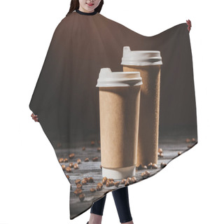 Personality  Close-up Shot Of Disposable Cups On Rustic Wooden Table Spilled With Coffee Beans Hair Cutting Cape