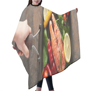 Personality  Partial View Of Woman Holding Raw Salmon With Vegetables, Lemon And Herbs In Grill Pan, Panoramic Shot Hair Cutting Cape