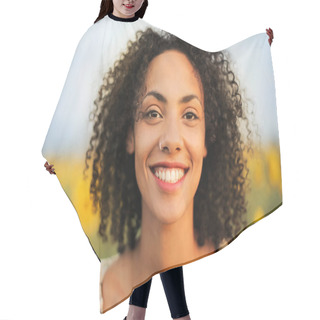 Personality  Young Black Beautiful Woman Smiling Portrait Hair Cutting Cape