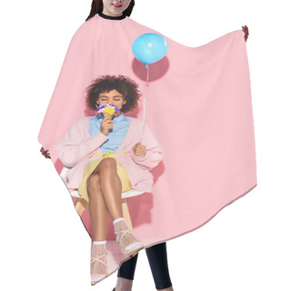 Personality  African American Woman With Flowers In Ice Cream Cone And Balloon In Hands On Pink Wall Backdrop Hair Cutting Cape