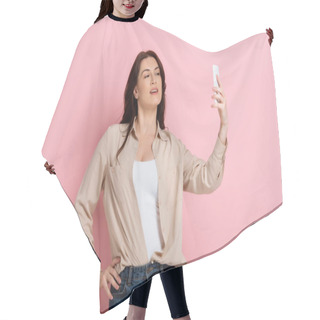 Personality  Beautiful Woman Taking Selfie With Smartphone On Pink Background, Concept Of Body Positive  Hair Cutting Cape
