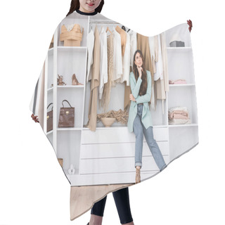 Personality  Pensive Woman Sitting On Shelf In Wardrobe  Hair Cutting Cape