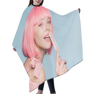 Personality  Sensual Girl In Pink Wig Posing With Hair Comb Isolated On Blue Hair Cutting Cape