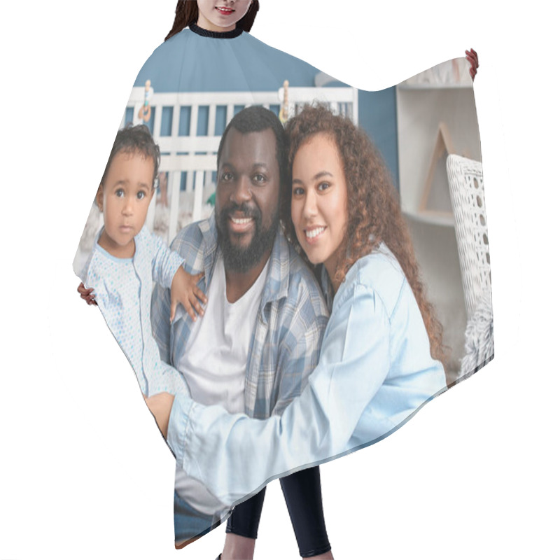 Personality  Happy African-American Parents With Cute Baby At Home Hair Cutting Cape