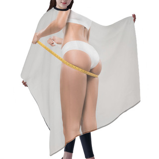 Personality  Cropped View Of Slim Woman In Underwear Holding Measuring Tape Under Buttocks Isolated On Grey Hair Cutting Cape