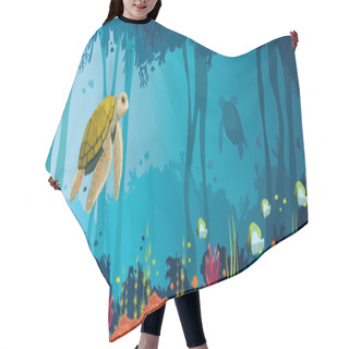 Personality  Turtle, Coral Reef, Underwater Cave And Cave. Underwater Sea. Hair Cutting Cape