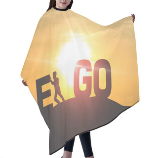 Personality  Silhouette Of Man Push EGO With Sky And Sun Light Background.  Hair Cutting Cape