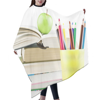 Personality  Textbooks With Apple On Top And Multicolor Pencils Close-up Hair Cutting Cape