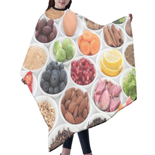 Personality  Super Food To Slow The Ageing Process Concept Including Fruit, Vegetables, Seeds, Nuts, Herbs, Spices, Green And Black Teas. Very High In Antioxidants, Anthocyanins, Dietary Fibre And Vitamins. Hair Cutting Cape