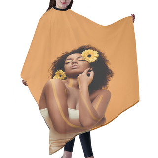 Personality  Young Tender African American Woman With Artistic Make-up And Gerbera In Hair Isolated On Orange Background Hair Cutting Cape