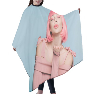 Personality  Fashionable Girl In Pink Wig Blowing Air Kiss With Closed Eyes Isolated On Blue Hair Cutting Cape