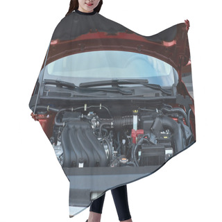 Personality  Modern Car With Open Hood. Hair Cutting Cape