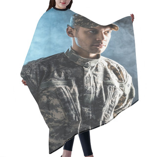 Personality  Confident Soldier In Military Cap And Uniform On Black With Smoke  Hair Cutting Cape