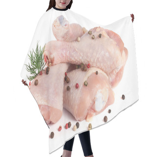 Personality  Three Raw Chicken Drumsticks With A Sprig Of Dill And Peppercorns Isolated On White Background Hair Cutting Cape