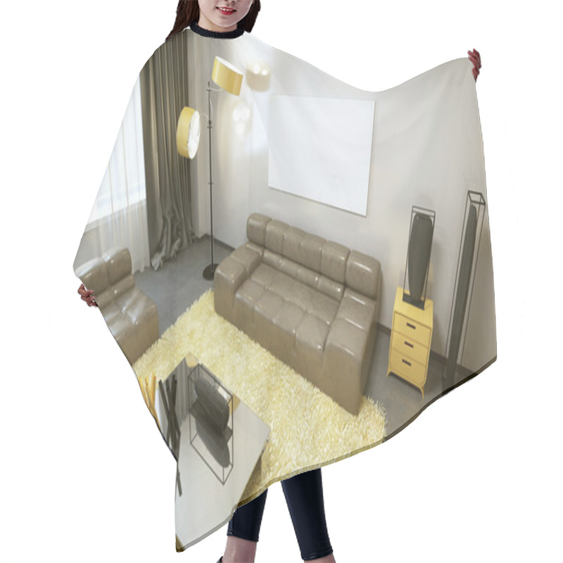Personality  Luxurious contemporary living room in pale grey, yellow and brow hair cutting cape
