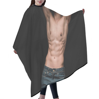 Personality  Cropped View Of Muscular Young Man Standing Isolated On Black  Hair Cutting Cape