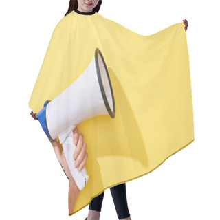 Personality  Cropped View Of Woman Holding Loudspeaker On Yellow Background  Hair Cutting Cape