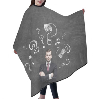 Personality  Handsome Young Businessman Is Standing Surrounded By Arrows In Different Direction. A Concept Of Decision Making Process. Chalk Wall Background. Hair Cutting Cape