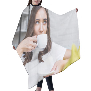 Personality  Beautiful Pensive Brunette Girl Drinking Coffee And Looking Away At Home Hair Cutting Cape