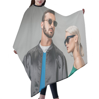 Personality  Fashionable Couple Posing In Sunglasses, Isolated On Grey Hair Cutting Cape