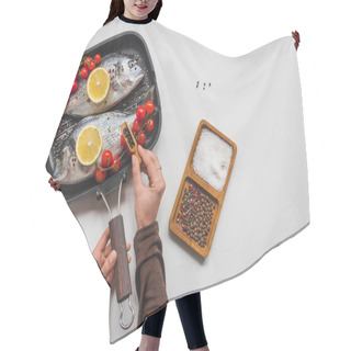 Personality  Partial View Of Woman Peppering Uncooked Fish And Ingredients In Tray Hair Cutting Cape