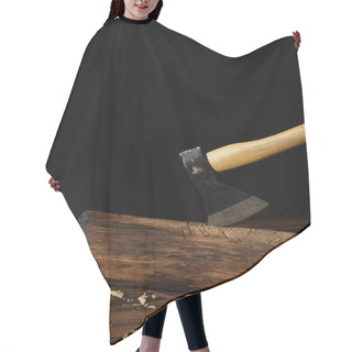 Personality  Close Up View Of Sticking Axe In Log And Wooden Chips On Black Background  Hair Cutting Cape