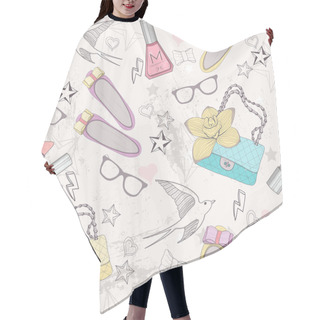 Personality  Cute Fashion Seamless Pattern For Girls. Pattern With Shoes, Bag Hair Cutting Cape