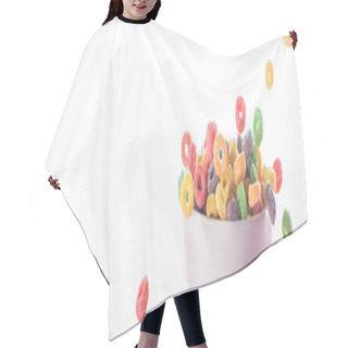 Personality  Bright Multicolored Breakfast Cereal Falling In Bowl Isolated On White, Panoramic Shot Hair Cutting Cape