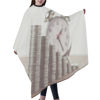 Personality  Stacks Of Coins And Alarm Clock On Tabletop, Saving Concept Hair Cutting Cape