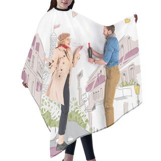 Personality  Happy Elegant Couple Holding Wine Bottle And Glasses With Paris Illustration On Background Hair Cutting Cape