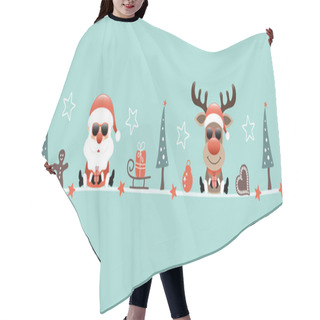 Personality  Banner Santa Claus And Reindeer Sunglasses Christmas Icons Turquoise Hair Cutting Cape