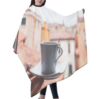 Personality  Cropped View Of Woman Holding Cup Of Coffee In Venice, Italy  Hair Cutting Cape
