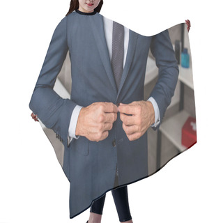 Personality  Cropped Image Of Businessman Buttoning Up Suit Jacket In Bathroom At Home Hair Cutting Cape