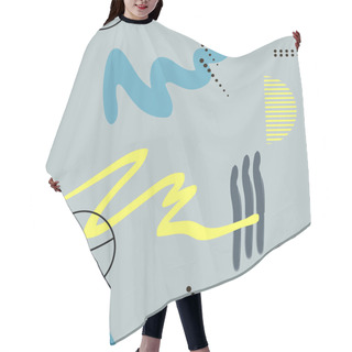 Personality  Contemporary Memphis Blue Decoration. Hipster Hand Drawn Yellow Brush Pattern. Stylish Vector Geometric Strokes With Circle Fantasy Print .Speed Style Art With Color Background. Hair Cutting Cape