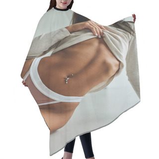 Personality  Partial View Of Slim Woman With Pierced Belly And Long Hair Posing In Panties And Long Sleeve Hair Cutting Cape