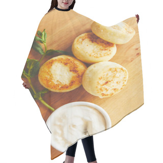 Personality  Cheese Pancakes Served With Honey And Sour Cream Hair Cutting Cape