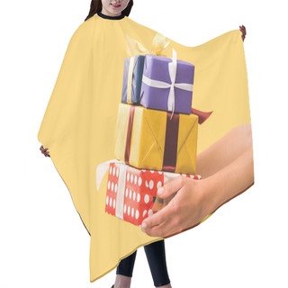 Personality  Partial View Of Girl Holding Gift Boxes Isolated On Yellow Hair Cutting Cape